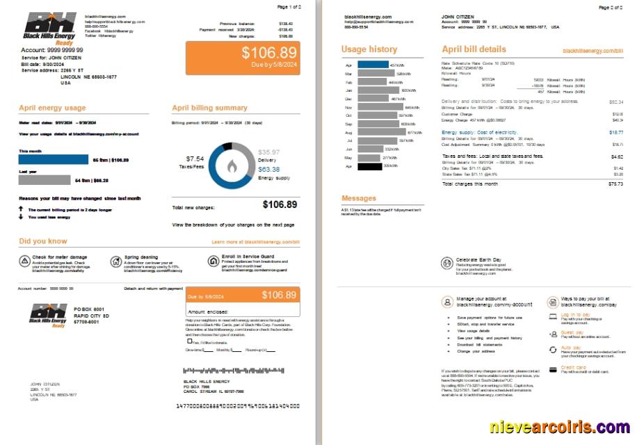 USA Nebraska Lincoln Black Hills Energy utility bill, 2 pages